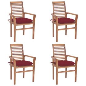 Dining Chairs 4 pcs with Wine Red Cushions Solid Teak Wood