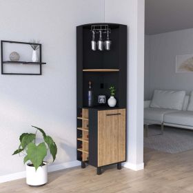 Corner Bar Cabinet Cleveland, Ten Wine Cubbies, Single Door, Black Wengue / Pine Finish