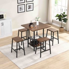 Bar Table and Chairs Set with Glass and Wine Holder for 4, 5 Piece Bar Kitchen Counter Height Table with 4 Stools,  Dinner Table Set with Shelves for (Color: Brown)