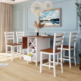 Farmhouse Wood Counter Height 5-Piece Dining Table Set with Drop Leaf, Kitchen Set with Wine Rack and Drawers for Small Places (Main Color: White+Walnut, main material: Solid Wood)